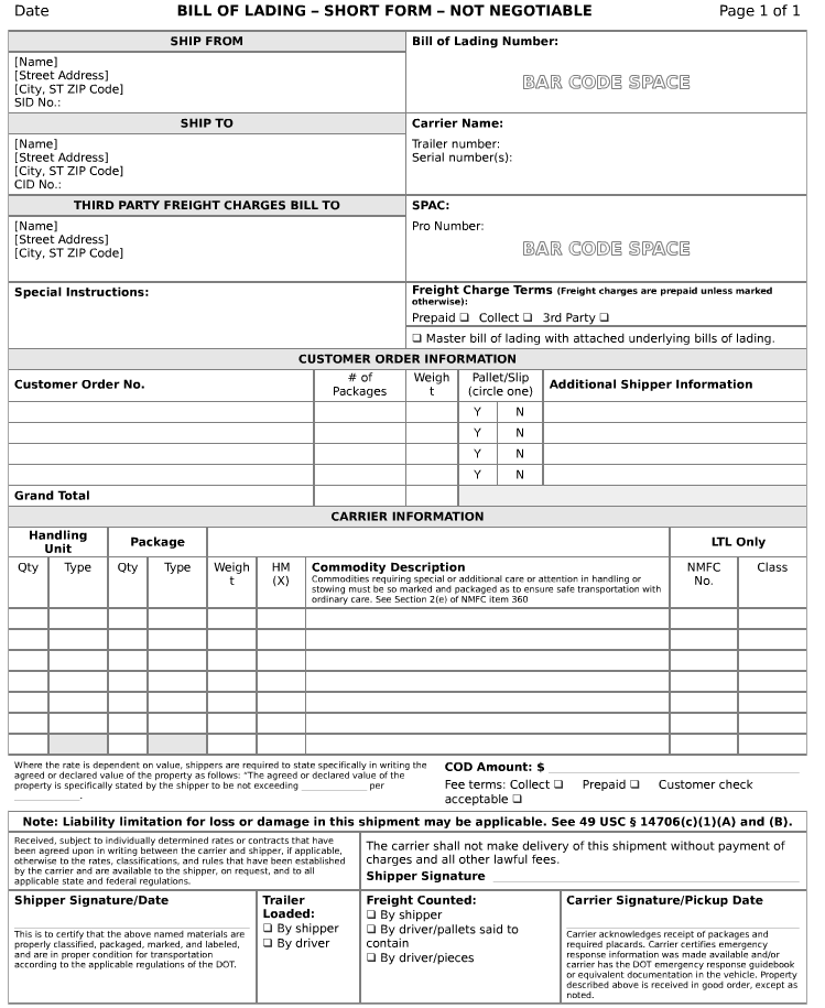 sample bill of lading form